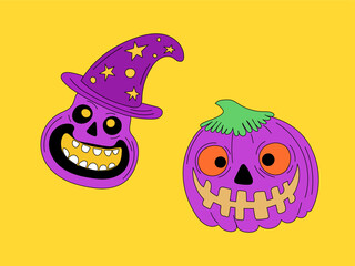 Halloween Pumpkin Skull Cartoon Character Face. Smiley Pumpkin, Skull Bone Traditional  Holiday Mascot Head. Funny Monster Mask Doodle Symbol. Jack Spooky Head Icon. Cute Comic Autumn Halloween Party