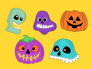 Halloween Pumpkin Skull Cartoon Character Face. Smiley Pumpkin, Skull Bone Traditional  Holiday Mascot Head. Funny Monster Mask Doodle Symbol. Jack Spooky Head Icon. Cute Comic Autumn Halloween Party