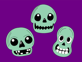 Halloween Pumpkin Skull Cartoon Character Face. Smiley Pumpkin, Skull Bone Traditional  Holiday Mascot Head. Funny Monster Mask Doodle Symbol. Jack Spooky Head Icon. Cute Comic Autumn Halloween Party