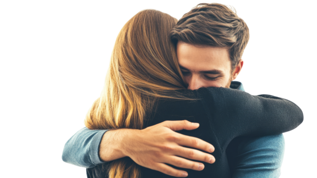 Emotional reunion hug indoor space portrait cozy environment close-up view connection and comfort