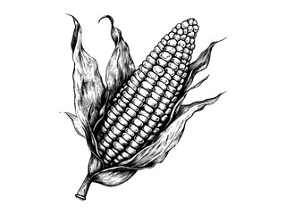 Hand-drawn vintage fall corn illustration, seasonal vegetable engraving, retro black sketch, Thanksgiving decoration, old engraving style, autumn harvest art, rustic kitchen print