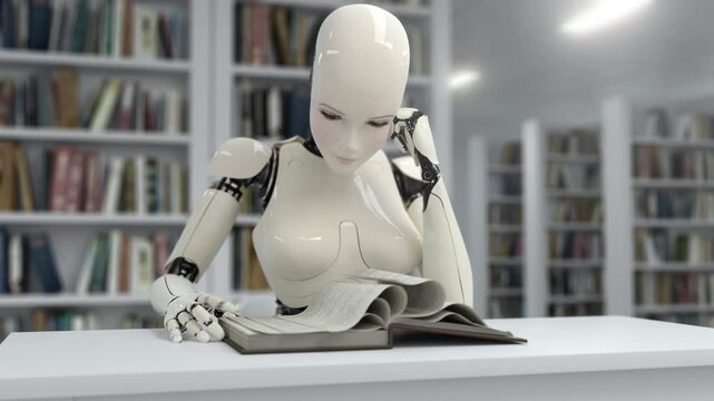 Robot Quickly Reading a Book in a Library, Abstract Visualization of Artificial Intelligence Learning Process. Conceptual 3d Animation, 4K