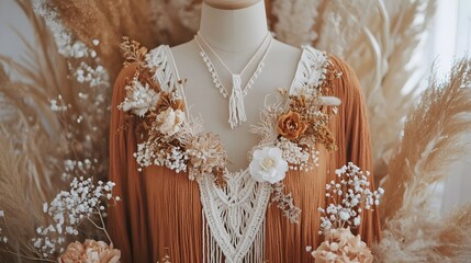Obraz premium Bohemian Macrame Dress with Dried Flowers and Pampas Grass