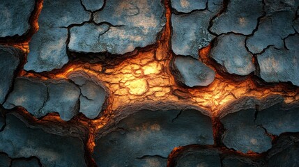 Close-up of an ancient tree trunk with deep, rugged bark, cracks, and moss, bathed in golden light