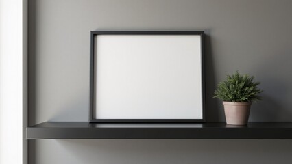 Blank Black Frame and Potted Plant on Shelf