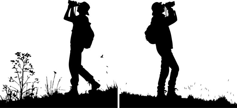 Silhouette Vector of a Hiker with Binoculars on a Hill - Nature Observation and Outdoor Activity