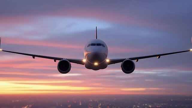 Airplane in flight at sunset over city lights