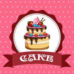 Beautiful cake on a banner.Vector illustration of a banner advertising desserts with a beautiful cake in a frame with text.