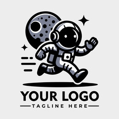 An astronaut cartoon character running towards the moon with stars in space.