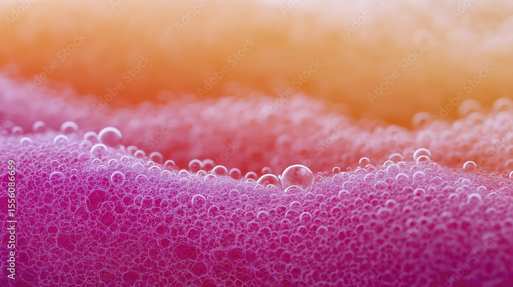 Poster close-up view of colorful soap bubbles with vibrant pink and orange hues, creating a soft, dreamy te