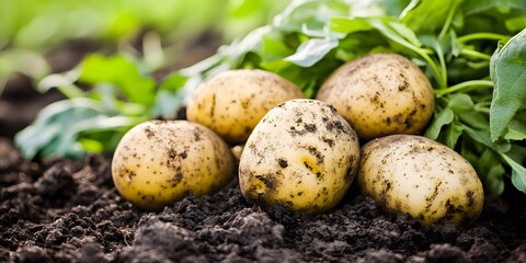 Freshly Harvested Potatoes in Soil, Organic Farm Produce