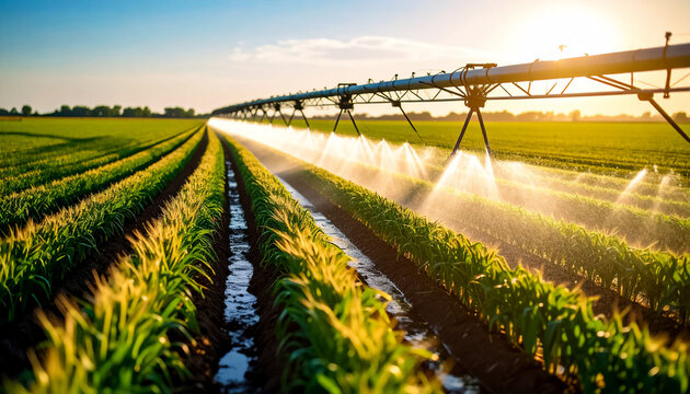Irrigation of agricultural crops and irrigation canals with water in the fields. Drip system