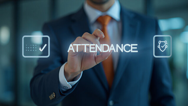 Business man working on virtual touch screen presses word ATTENDANCE. Attendance Management Business Education concept