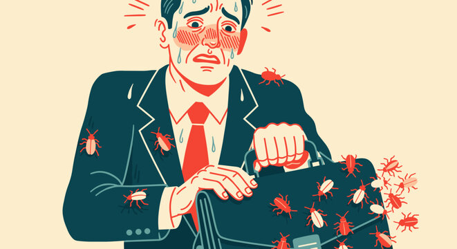 Anxious businessman covered in insects and holding briefcase. Stressed man sweating profusely with bugs crawling all over his suit and briefcase.
