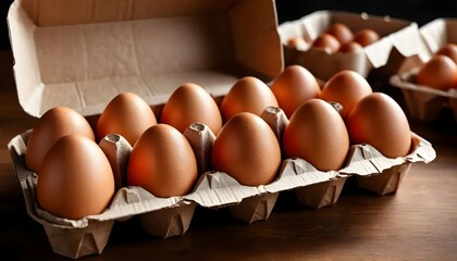 Farm-to-table brown eggs displayed in paper carton, crisp lighting and close focus, realistic natural textures for food marketing.
