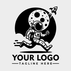 A running astronaut with a rocket launching in the background, set against a moon-like sphere.