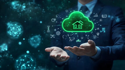 Fototapeta premium Businessman Hands Holding Glowing Green Cloud Data Transfer Icon Uploading Downloading Arrow technology new