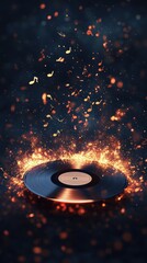 Surreal vinyl record explosion with musical notes and glowing clouds, symbolizing the power of music