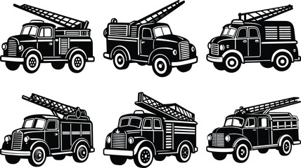 Vector art of vintage fire trucks with ladders isolated on transparent background