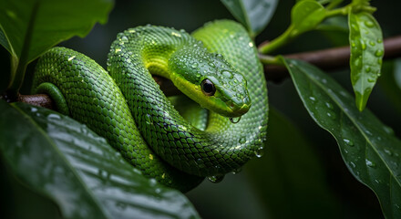 Fototapeta premium A vivid green snake coils on a jungle leaf, blending seamlessly with its surroundings.