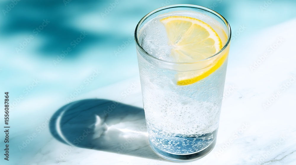 Poster refreshing glass of sparkling water with a slice of lemon, placed on a marble surface, illuminated b