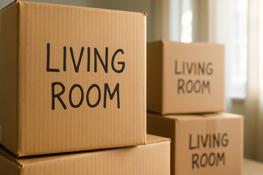 First time homebuyer moving cardboard box living room stack Moving day for first time homebuyer