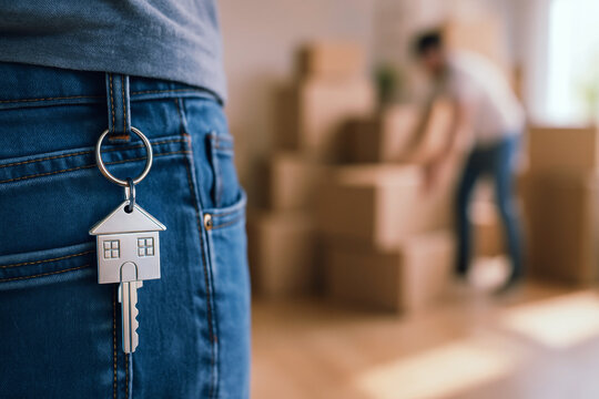 First time homebuyer holding house key with excitement new home with moving boxes background - Powered by Adobe