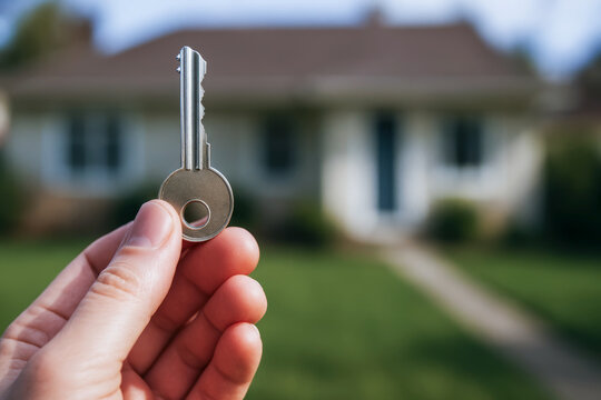 First time homebuyer holding key in front of new house with excitement and anticipation