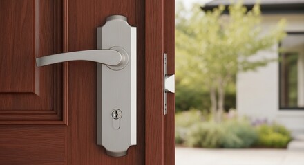 Open door with modern handle revealing a glimpse of a bright exterior