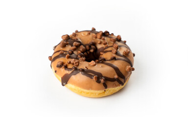 Delicious chocolate-covered donut with crunchy toppings on a clean white background