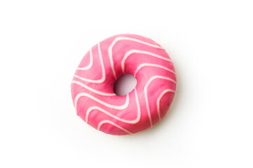 Delicious pink frosted donut with white icing swirls on a clean white background inviting a sweet...