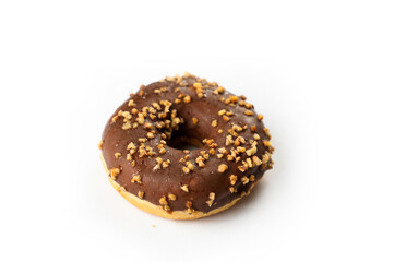 Delicious chocolate donut topped with crunchy nuts on a white background ready to enjoy