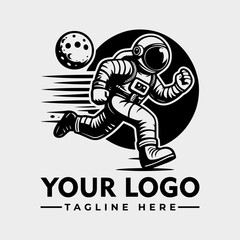 A stylized astronaut sprints past a moon, dynamic logo design.