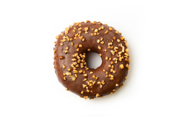 Chocolate donut topped with nuts on a white background, perfect for dessert lovers or snack enthusiasts