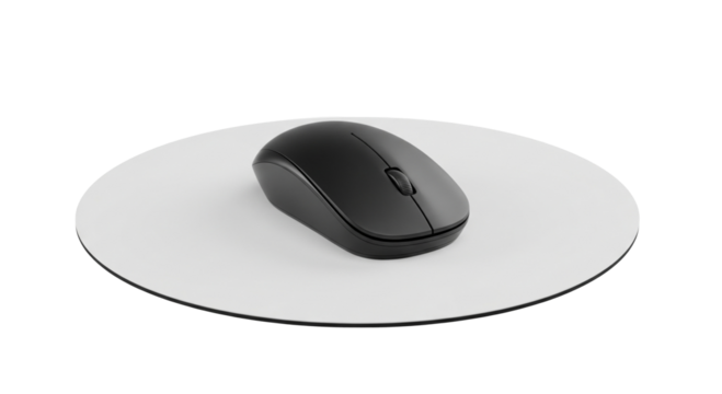 Wireless Black Computer Mouse on Round White Mouse Pad


