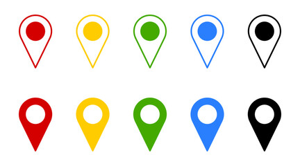 Location Pointer Pin or You Are Here Marker Hotspot Symbol Sign Icon Set with Various Colors. Vector Image.