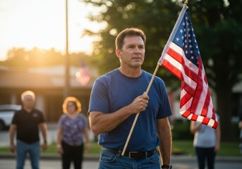 Man holds american flag at an outdoor event during golden hour