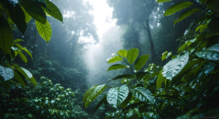 Looking up through the thick green foliage of a tropical rainforest, capturing its depth and density.