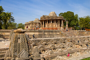 Modhera Sun Temple of Gujarat in India with beautiful stone carvings and step well (Surya Kund). built in 1026-27 AD during the reign of Bhima I of the Chaulukya dynasty