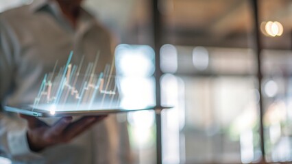 Blurred Businessman with Tablet Showing Holographic Stock Market Graphs