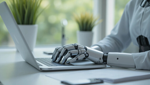 Robotic Arm Using Laptop Computer Silver White Technology Automation Artificial Intelligence technology. - Powered by Adobe