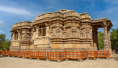 Modhera Sun Temple of Gujarat in India with beautiful stone carvings and step well (Surya Kund). built in 1026-27 AD during the reign of Bhima I of the Chaulukya dynasty