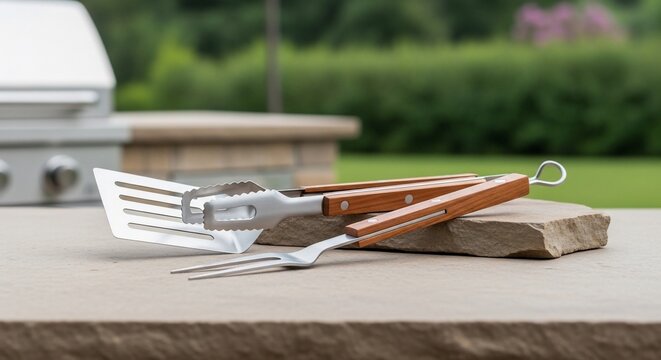 Outdoor barbecue essentials: Tongs, spatula and fork set on the stone table