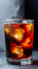 Refreshing glass of dark soda with ice cubes, showcasing condensation on the glass, set against a blurred dark background, emphasizing the beverage's coolness and appeal