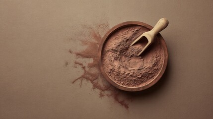 Brown powder in a round wooden bowl with a small scoop, scattered on a textured surface, creating an artistic display of natural ingredients and culinary potential