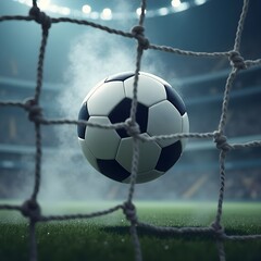 Naklejka premium Goal A soccer ball strikes the net with force celebrating the victory in a packed stadium with