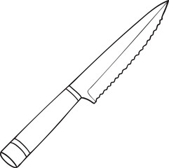 Monochrome Illustration of a Serrated Kitchen Knife with a Simple Handle Perfect for Cutting Bread or Tomatoes