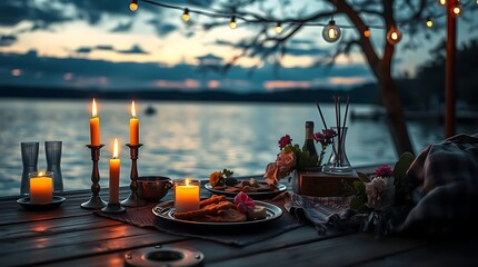 Obraz premium Romantic lakeside dinner with candles and string lights at sunset