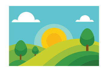 Fototapeta premium Serene Sunrise over Rolling Green Hills A Peaceful Landscape Illustration