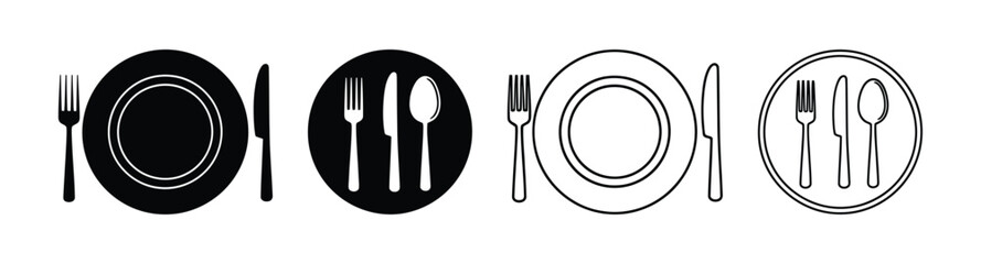 Black and white icons of dining utensils and plates fork knife